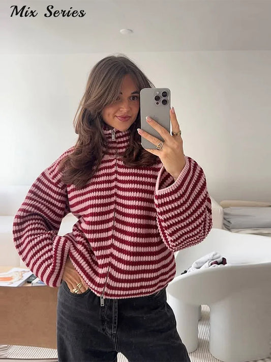 Amara | Women's Ribbed Knit Turtleneck Sweater – Zip Cardigan Oversized Fit - Image 1