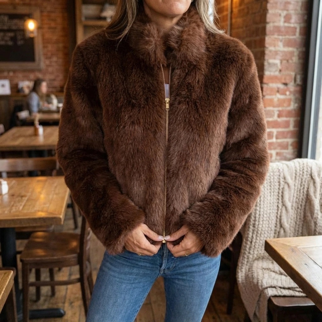 Velina | Women's Fur Coat – Plush Faux Fur Jacket Zip-Up Statement Coat - Image 1