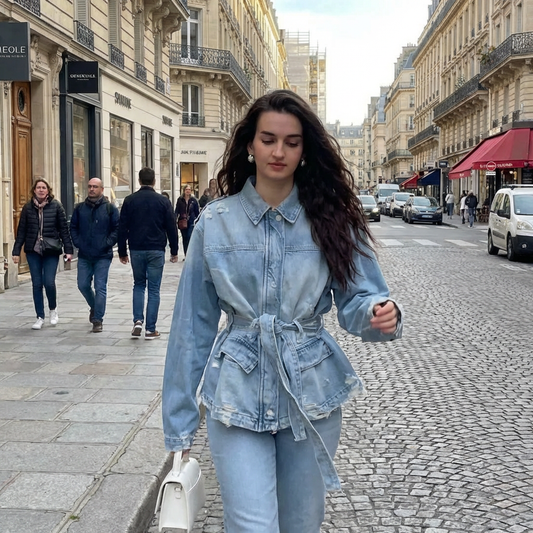 Amara | Women's Denim Jacket – Belted Lace-Up Denim Coat Long Sleeve - Image 1